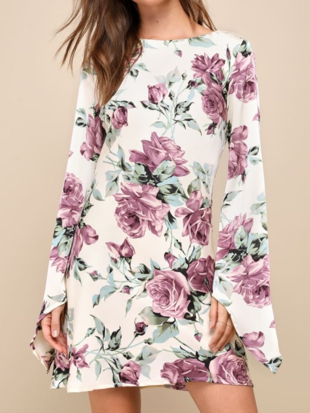 Lulus Sweet RSVP Purple Floral Cream Satin Open Back Long-sleeve Mini Dress XL